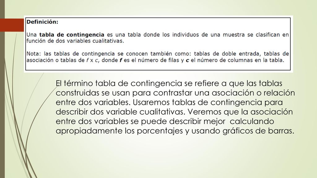 El término tabla de contingencia se refiere a que las tablas construidas se usan para contrastar una asociación o relación entre dos variables.