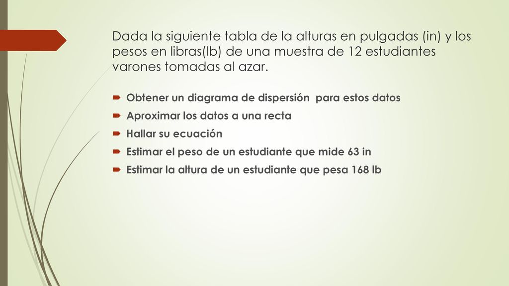 Dada la siguiente tabla de la alturas en pulgadas (in) y los pesos en libras(lb) de una muestra de 12 estudiantes varones tomadas al azar.