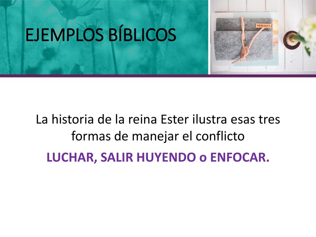 EJEMPLOS BÍBLICOS La historia de la reina Ester ilustra esas tres formas de manejar el conflicto LUCHAR, SALIR HUYENDO o ENFOCAR.