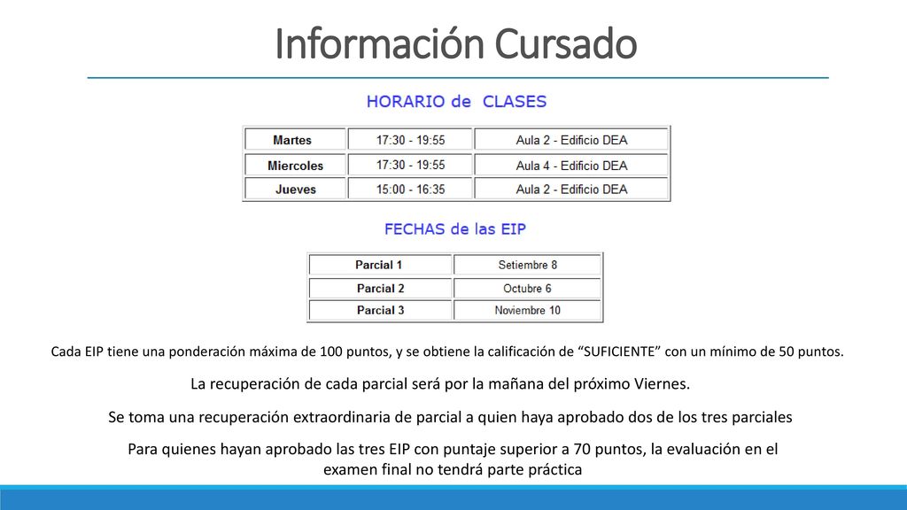 Información Cursado Cada EIP tiene una ponderación máxima de 100 puntos, y se obtiene la calificación de SUFICIENTE con un mínimo de 50 puntos.