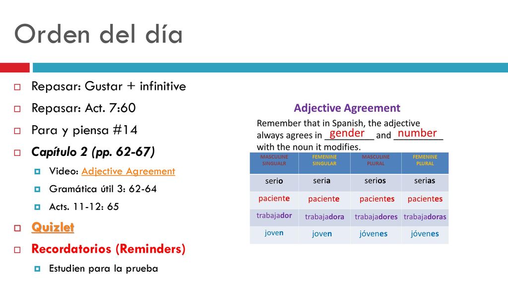 Orden del día Repasar: Gustar + infinitive Repasar: Act. 7:60