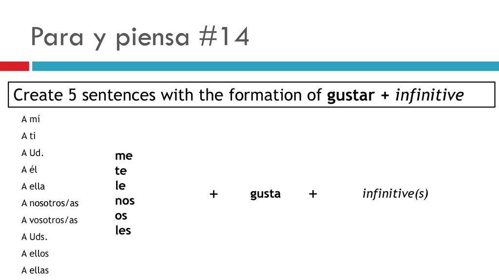 Para y piensa #14 Create 5 sentences with the formation of gustar + infinitive. A mí. A ti. A Ud.
