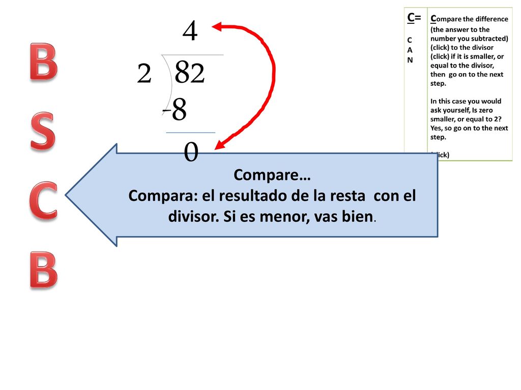 B S C -8 Compare… Compara: el resultado de la resta con el divisor. Si es menor, vas bien.