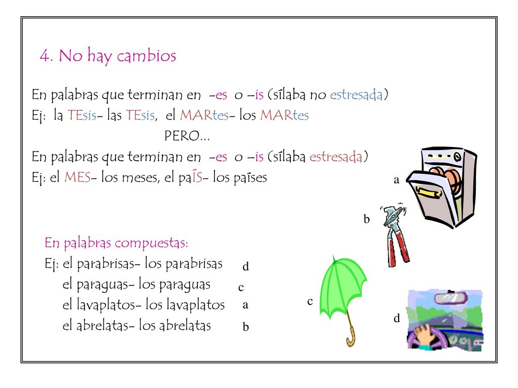 4. No hay cambios En palabras que terminan en -es o –is (sílaba no estresada) Ej: la TEsis- las TEsis, el MARtes- los MARtes.