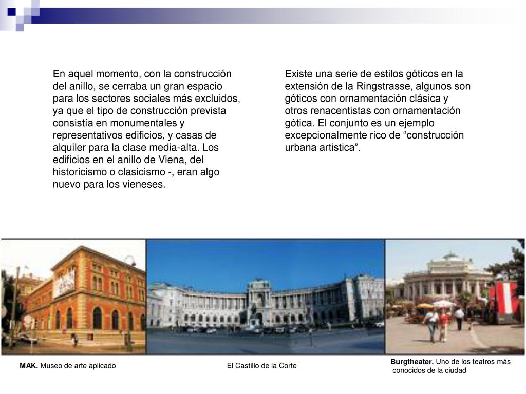 En aquel momento, con la construcción del anillo, se cerraba un gran espacio para los sectores sociales más excluidos, ya que el tipo de construcción prevista consistía en monumentales y representativos edificios, y casas de alquiler para la clase media-alta. Los edificios en el anillo de Viena, del historicismo o clasicismo -, eran algo nuevo para los vieneses.