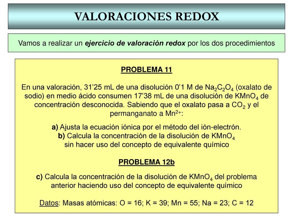 VALORACIONES REDOX Vamos a realizar un ejercicio de valoración redox por los dos procedimientos. PROBLEMA 11.