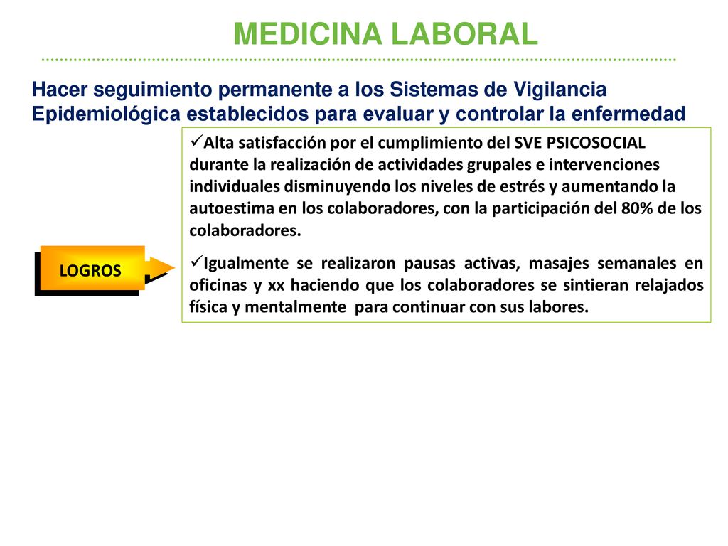 MEDICINA LABORAL Hacer seguimiento permanente a los Sistemas de Vigilancia Epidemiológica establecidos para evaluar y controlar la enfermedad.