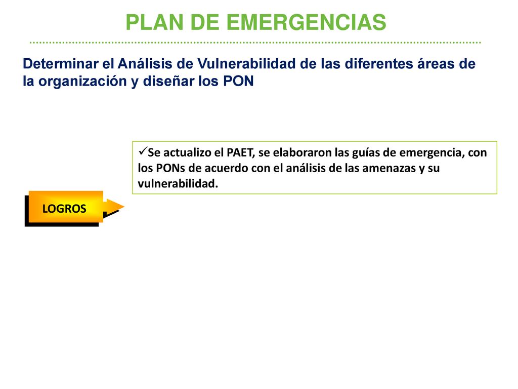 PLAN DE EMERGENCIAS Determinar el Análisis de Vulnerabilidad de las diferentes áreas de la organización y diseñar los PON.