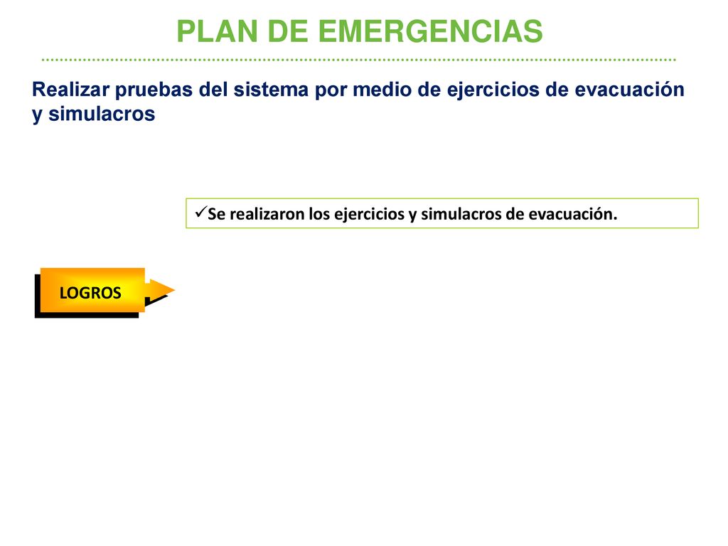 PLAN DE EMERGENCIAS Realizar pruebas del sistema por medio de ejercicios de evacuación y simulacros.