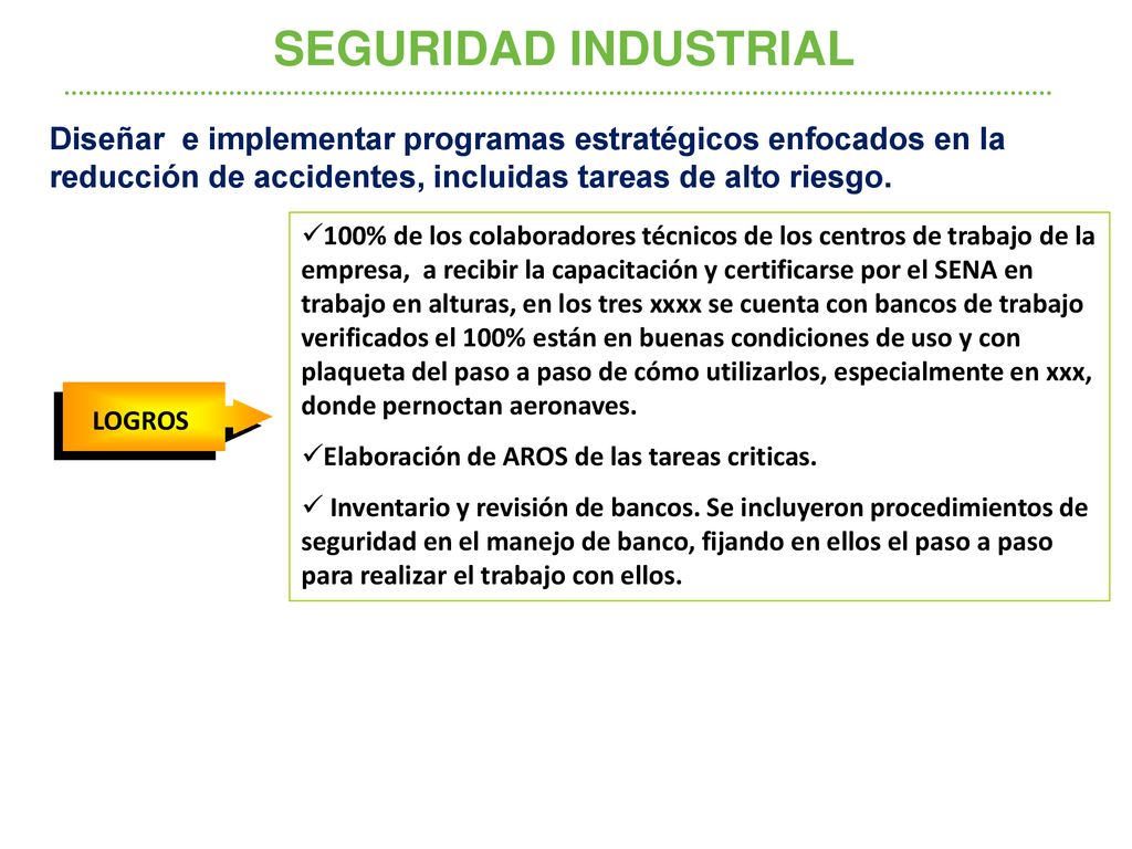 SEGURIDAD INDUSTRIAL Diseñar e implementar programas estratégicos enfocados en la reducción de accidentes, incluidas tareas de alto riesgo.