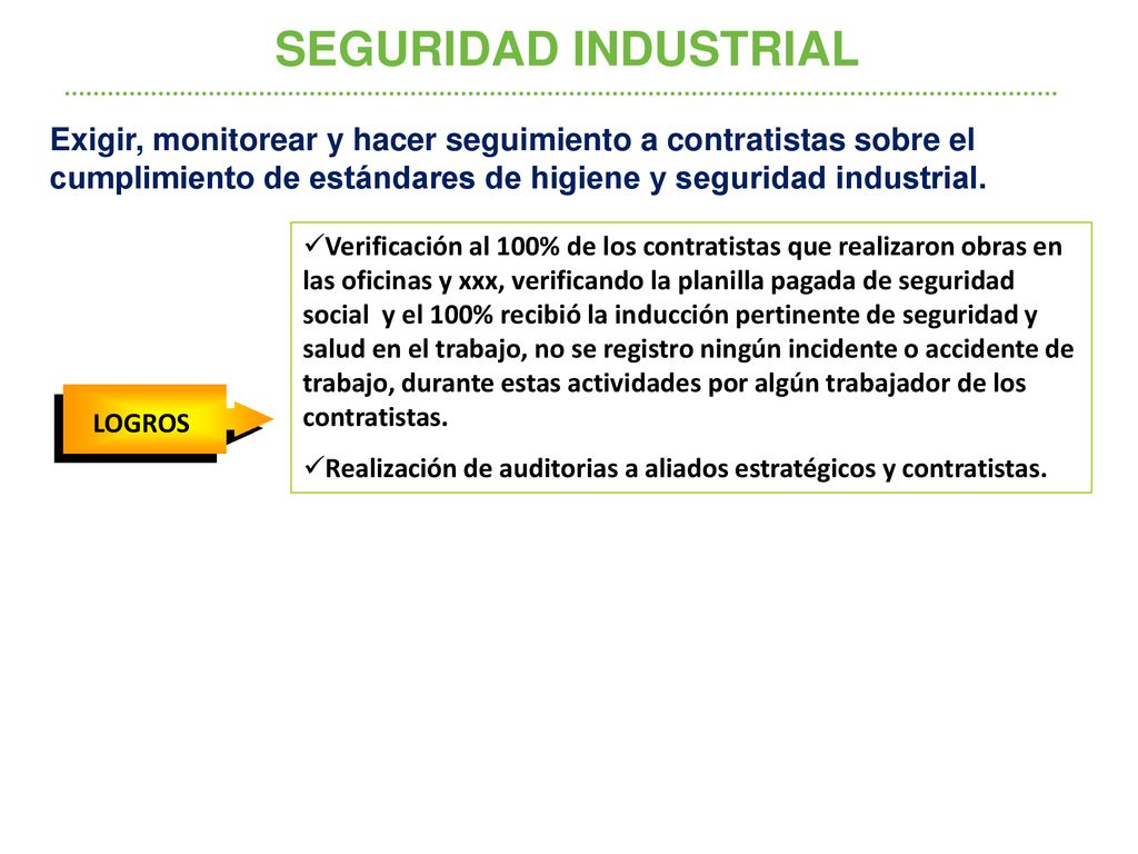 SEGURIDAD INDUSTRIAL Exigir, monitorear y hacer seguimiento a contratistas sobre el cumplimiento de estándares de higiene y seguridad industrial.