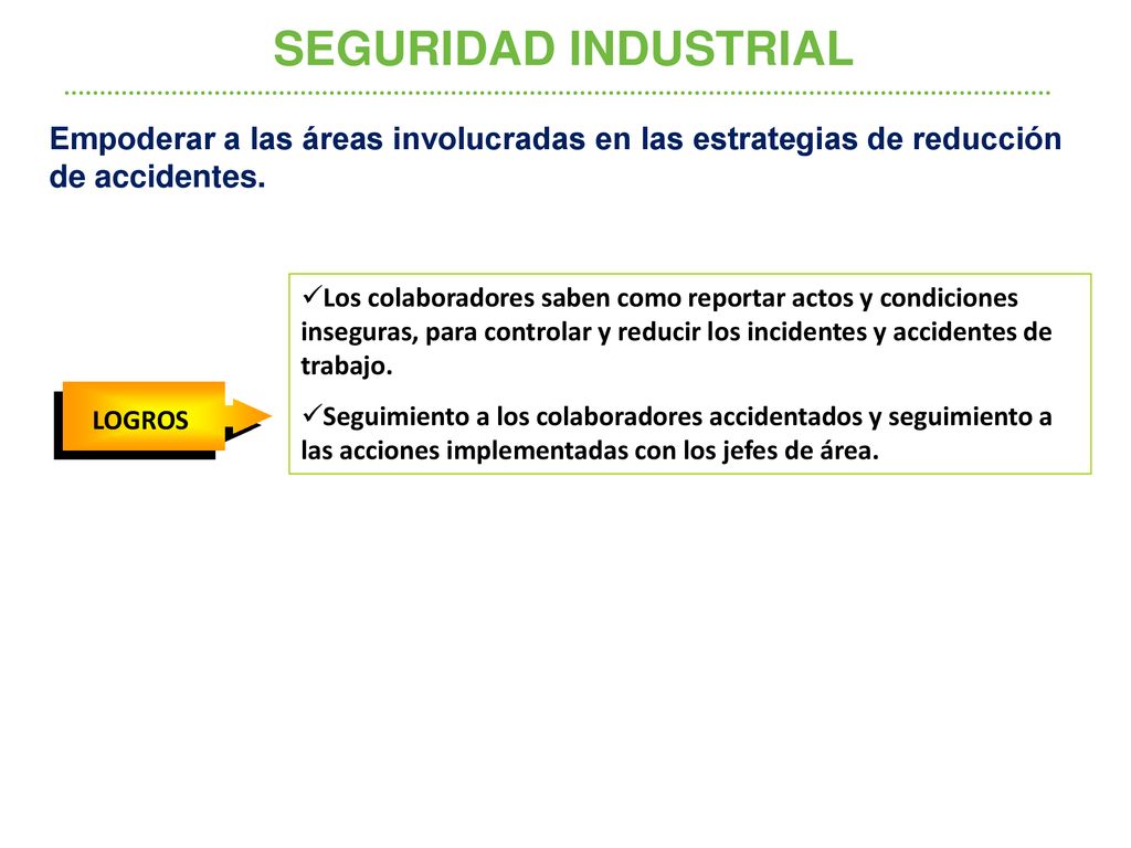 SEGURIDAD INDUSTRIAL Empoderar a las áreas involucradas en las estrategias de reducción de accidentes.