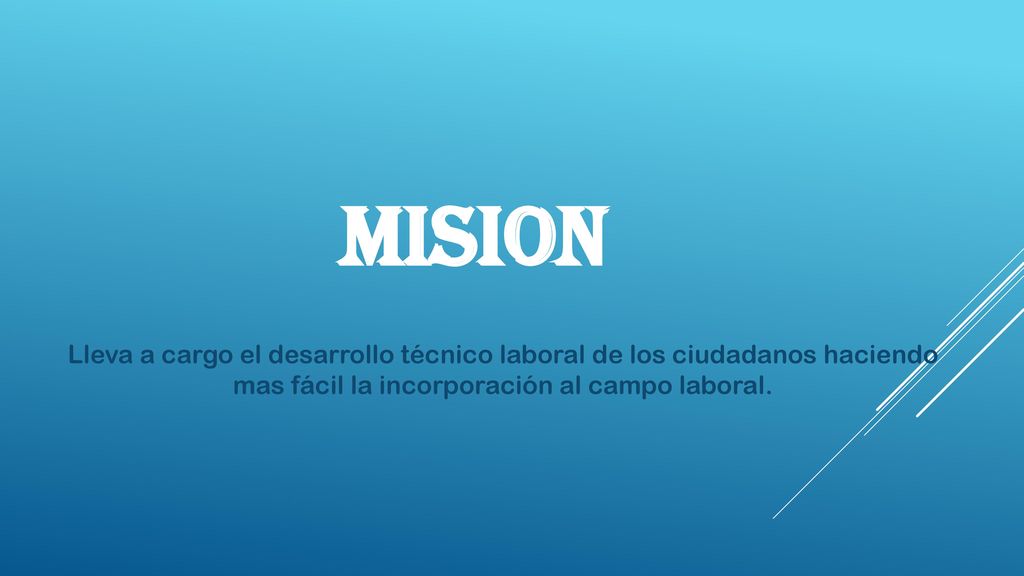 Mision Lleva a cargo el desarrollo técnico laboral de los ciudadanos haciendo mas fácil la incorporación al campo laboral.