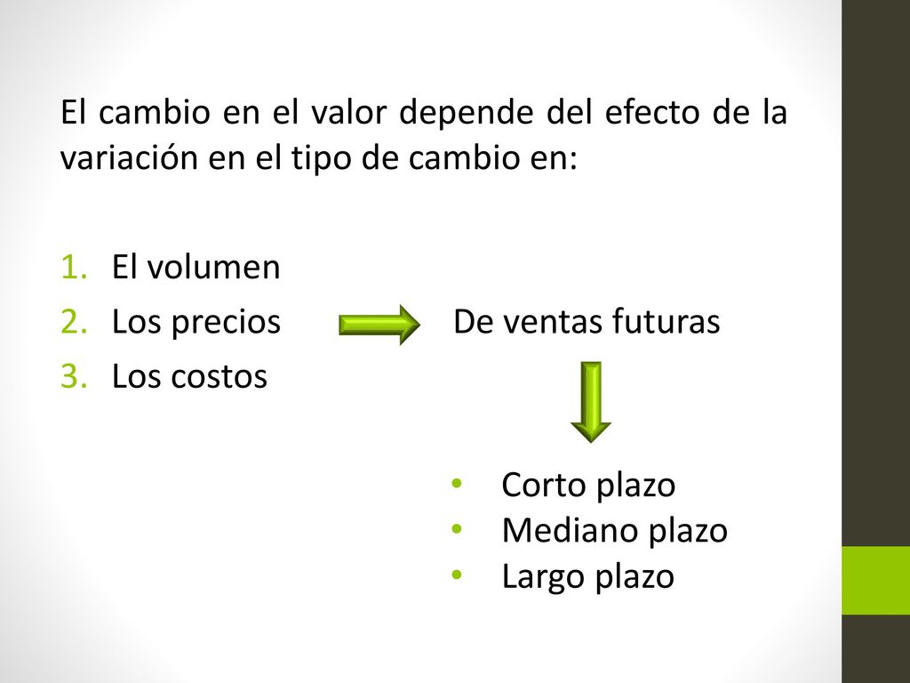 El cambio en el valor depende del efecto de la variación en el tipo de cambio en: