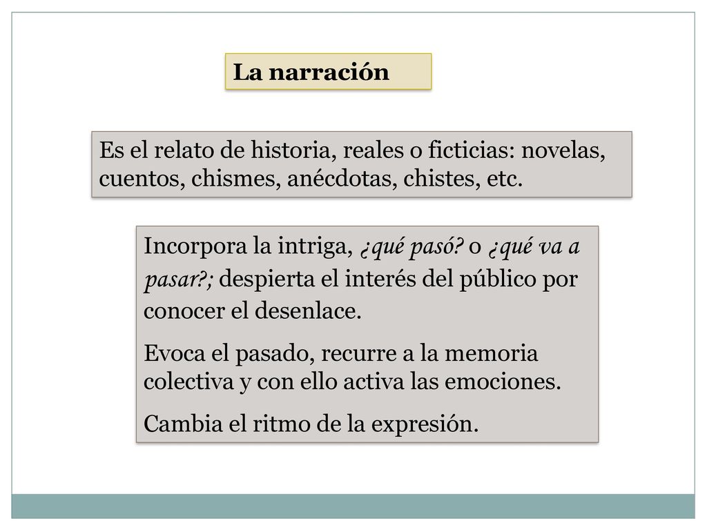 La narración Es el relato de historia, reales o ficticias: novelas, cuentos, chismes, anécdotas, chistes, etc.
