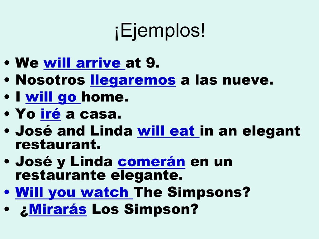 ¡Ejemplos! We will arrive at 9. Nosotros llegaremos a las nueve.