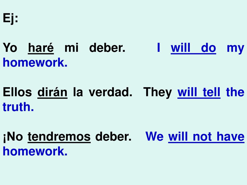 Ej: Yo haré mi deber. I will do my homework. Ellos dirán la verdad.