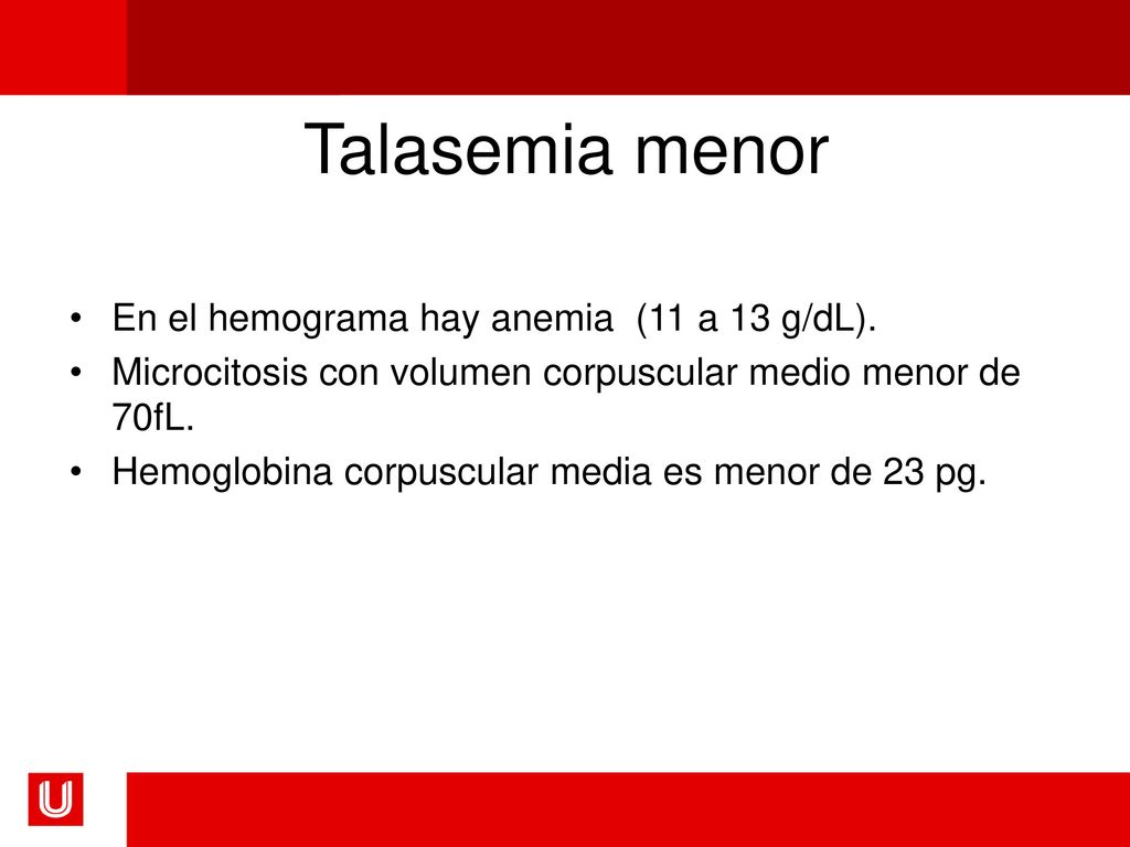 Talasemia menor En el hemograma hay anemia (11 a 13 g/dL).