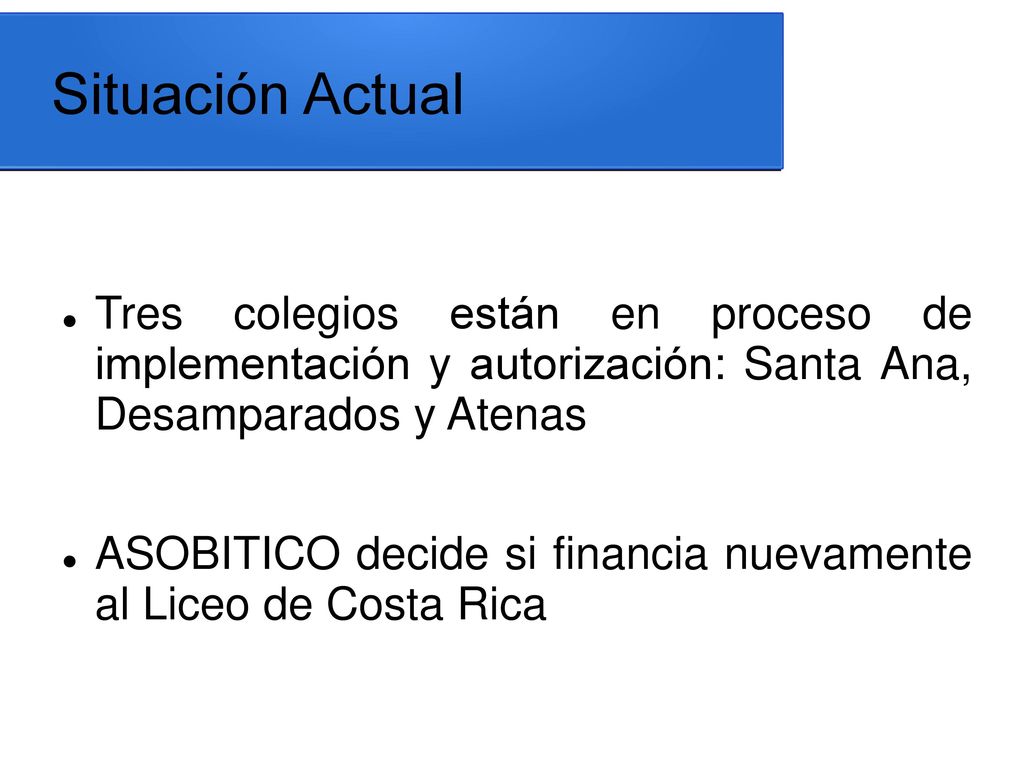 Situación Actual Tres colegios están en proceso de implementación y autorización: Santa Ana, Desamparados y Atenas.