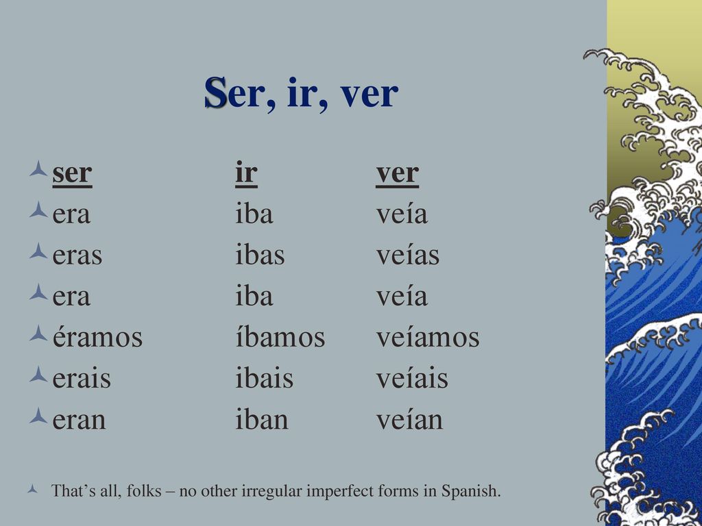 Ser, ir, ver ser ir ver era iba veía eras ibas veías era iba veía