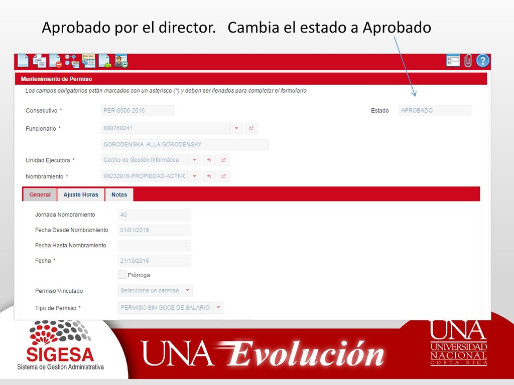 Aprobado por el director. Cambia el estado a Aprobado