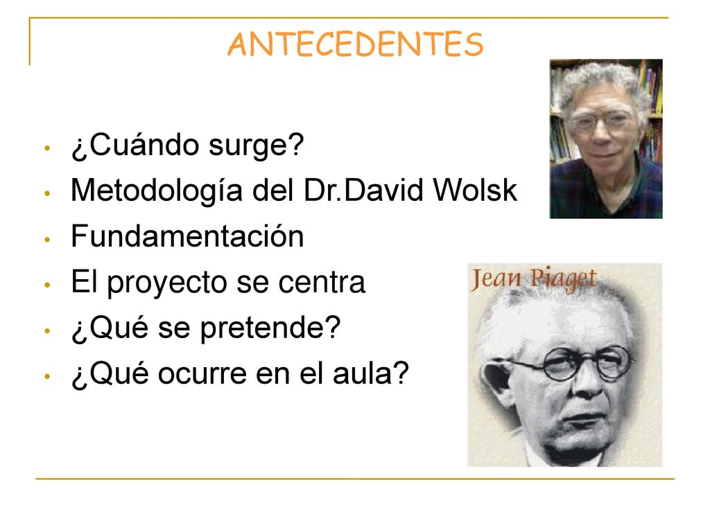 ANTECEDENTES ¿Cuándo surge Metodología del Dr.David Wolsk. Fundamentación. El proyecto se centra.