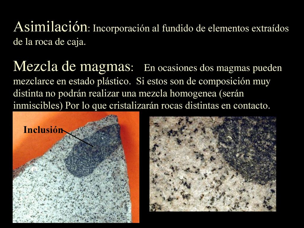 Asimilación: Incorporación al fundido de elementos extraídos de la roca de caja.