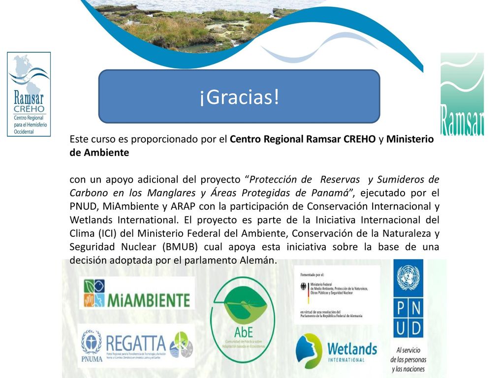 ¡Gracias! Este curso es proporcionado por el Centro Regional Ramsar CREHO y Ministerio de Ambiente.