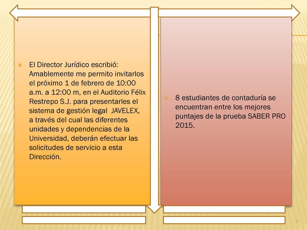 El Director Jurídico escribió: Amablemente me permito invitarlos el próximo 1 de febrero de 10:00 a.m. a 12:00 m, en el Auditorio Félix Restrepo S.J. para presentarles el sistema de gestión legal JAVELEX, a través del cual las diferentes unidades y dependencias de la Universidad, deberán efectuar las solicitudes de servicio a esta Dirección.