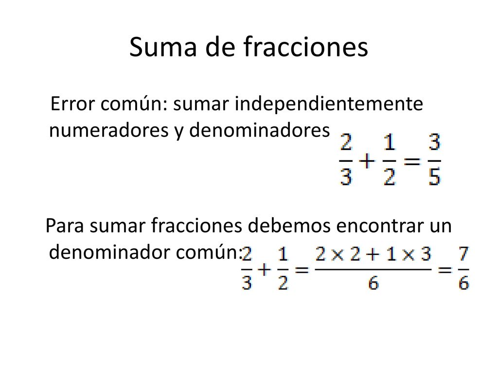 Suma de fracciones Error común: sumar independientemente numeradores y denominadores.