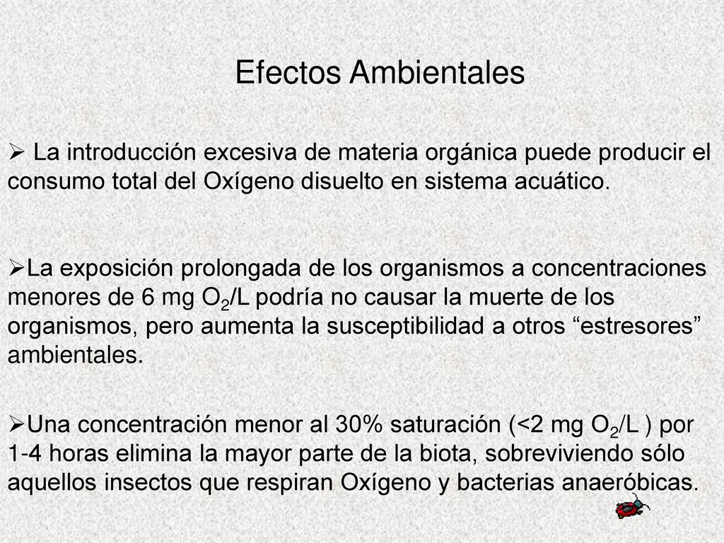 Efectos Ambientales La introducción excesiva de materia orgánica puede producir el consumo total del Oxígeno disuelto en sistema acuático.