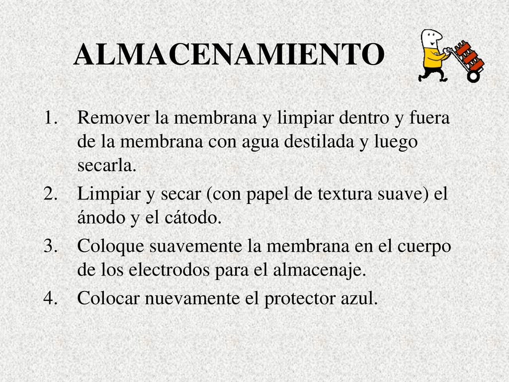 ALMACENAMIENTO Remover la membrana y limpiar dentro y fuera de la membrana con agua destilada y luego secarla.