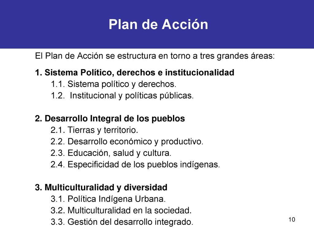 Plan de Acción El Plan de Acción se estructura en torno a tres grandes áreas: 1. Sistema Político, derechos e institucionalidad.