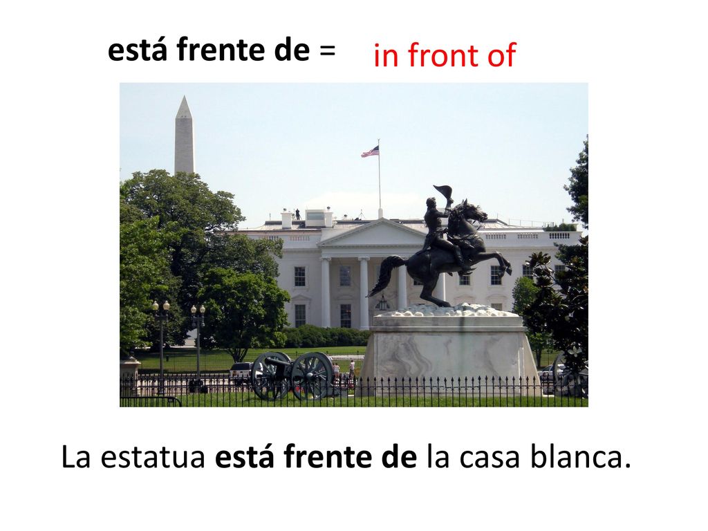 está frente de = in front of La estatua está frente de la casa blanca.