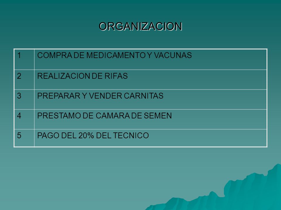 ORGANIZACION 1 COMPRA DE MEDICAMENTO Y VACUNAS 2 REALIZACION DE RIFAS
