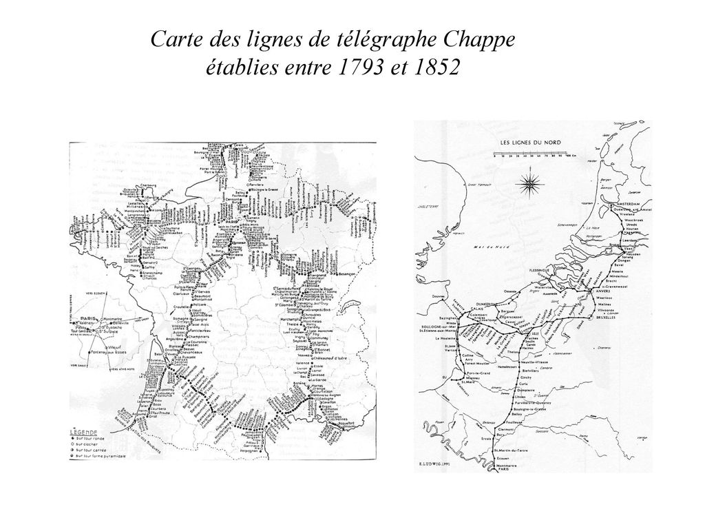 Carte des lignes de télégraphe Chappe établies entre 1793 et 1852