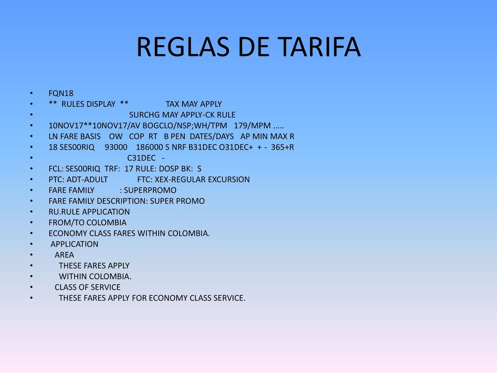 REGLAS DE TARIFA FQN18 ** RULES DISPLAY ** TAX MAY APPLY