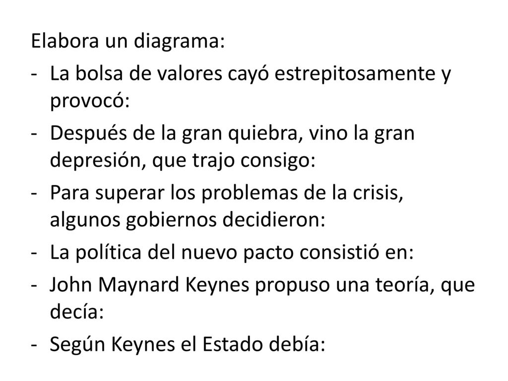 Elabora un diagrama: La bolsa de valores cayó estrepitosamente y provocó: Después de la gran quiebra, vino la gran depresión, que trajo consigo: