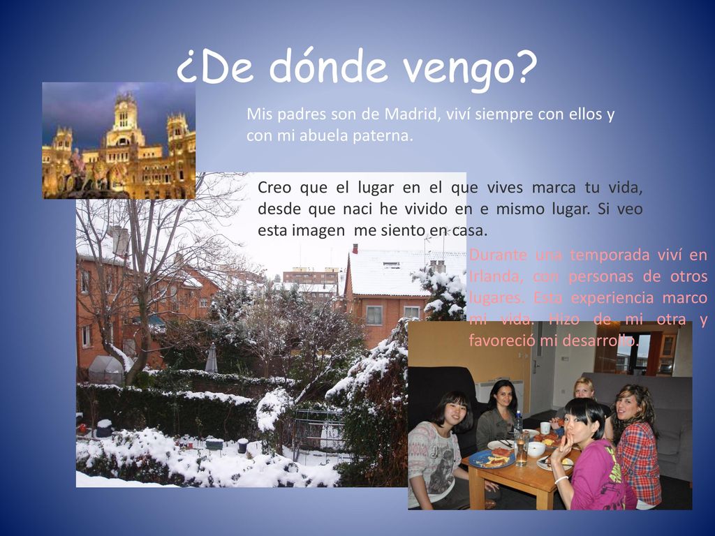 ¿De dónde vengo Mis padres son de Madrid, viví siempre con ellos y con mi abuela paterna.