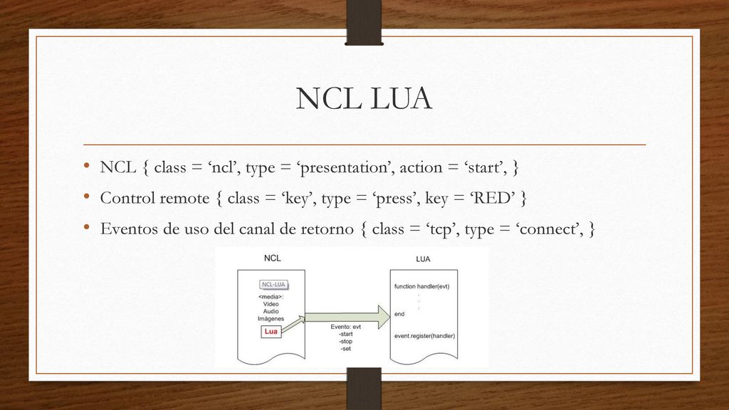 NCL LUA NCL { class = ‘ncl’, type = ‘presentation’, action = ‘start’, } Control remote { class = ‘key’, type = ‘press’, key = ‘RED’ }
