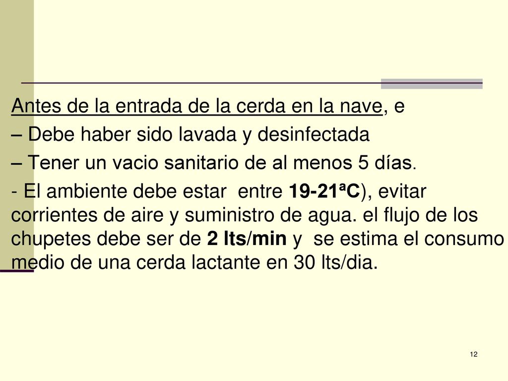Antes de la entrada de la cerda en la nave, e – Debe haber sido lavada y desinfectada – Tener un vacio sanitario de al menos 5 días.
