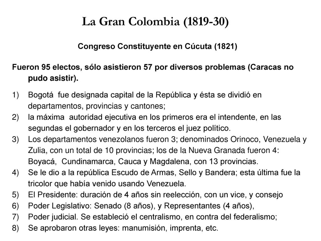 La Gran Colombia ( ) Congreso Constituyente en Cúcuta (1821)