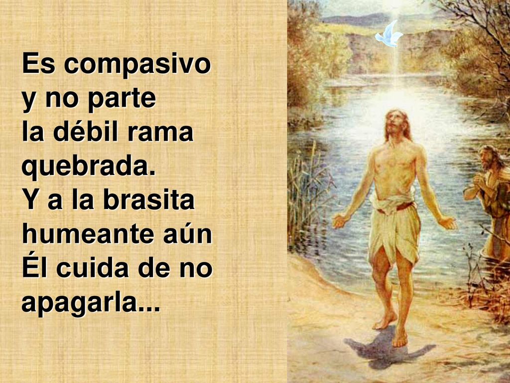 Es compasivo y no parte la débil rama quebrada. Y a la brasita humeante aún.