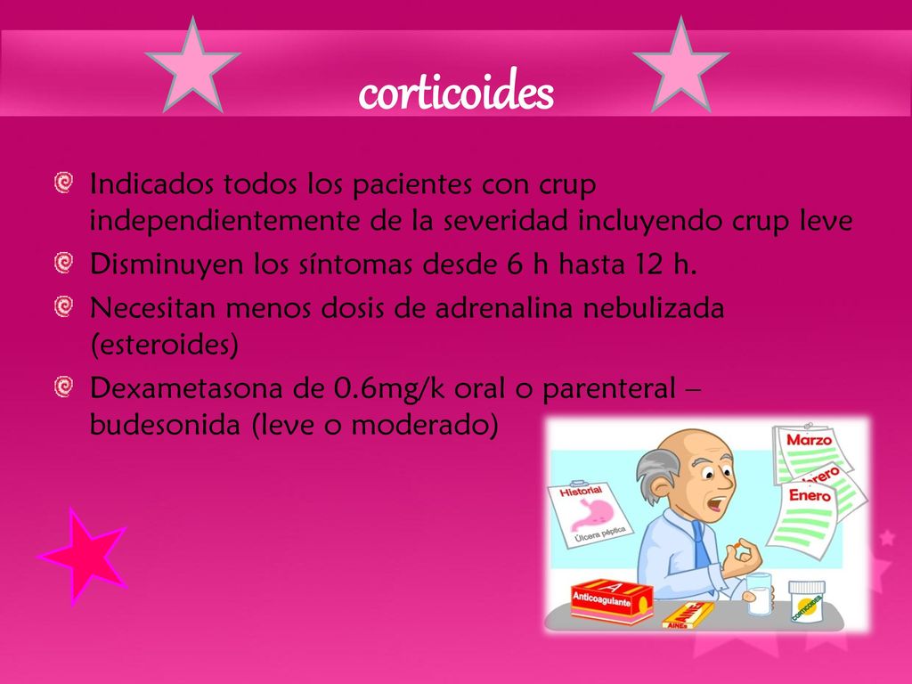 corticoides Indicados todos los pacientes con crup independientemente de la severidad incluyendo crup leve.