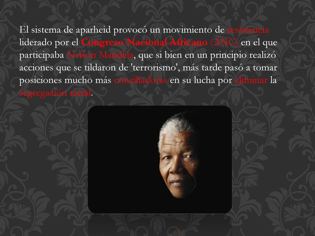 El sistema de aparheid provocó un movimiento de resistencia liderado por el Congreso Nacional Africano (ANC) en el que participaba Nelson Mandela, que si bien en un principio realizó acciones que se tildaron de terrorismo , más tarde pasó a tomar posiciones mucho más conciliadoras en su lucha por eliminar la segregación racial.