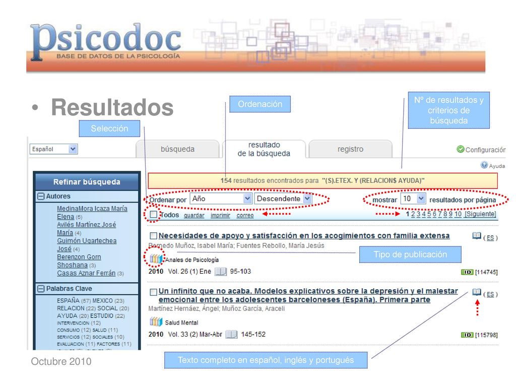 Resultados Octubre 2010 Nº de resultados y criterios de búsqueda