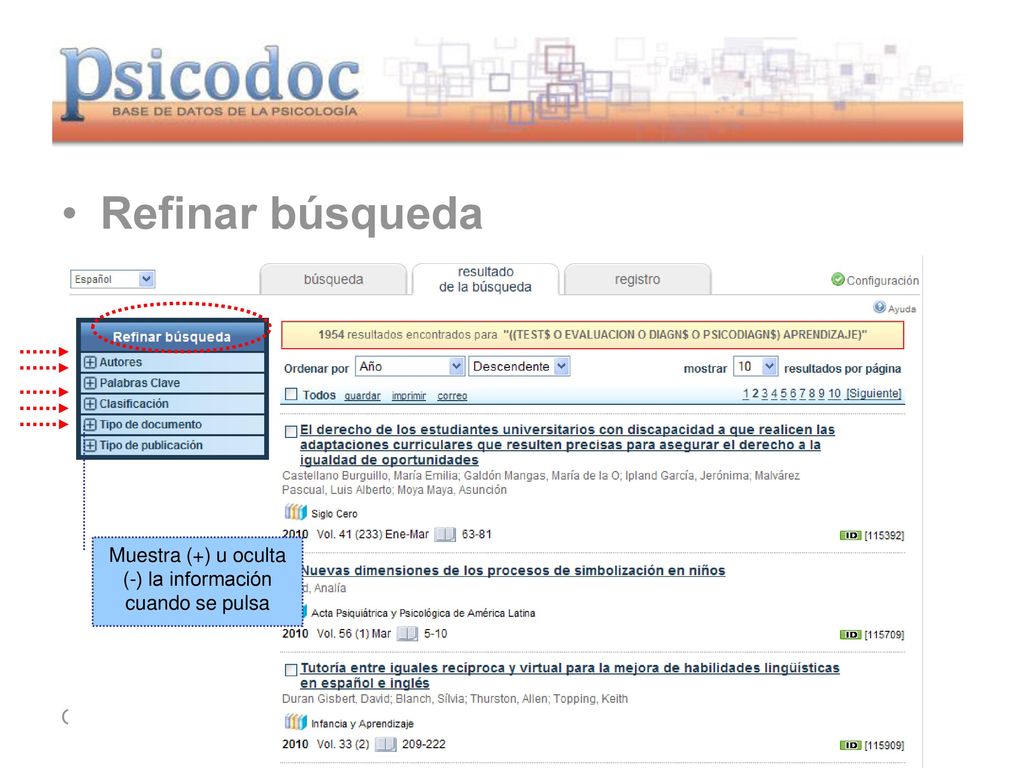 Muestra (+) u oculta (-) la información cuando se pulsa