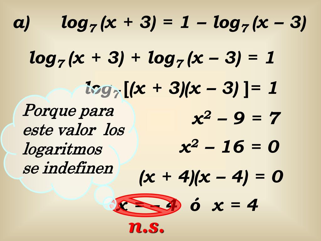 n.s. a) log7 (x + 3) = 1 – log7 (x – 3)