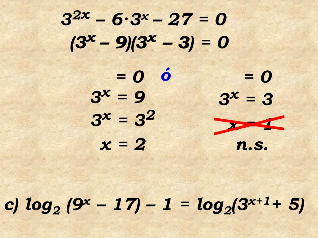 32x – 6·3x – 27 = 0 3x – 3. (3x – 9)(3x – 3) = 0. 3x – 9. = 0. ó. = 0. 3x = 9. 3x = 3. 3x = 32.
