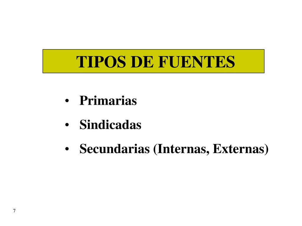 TIPOS DE FUENTES Primarias Sindicadas Secundarias (Internas, Externas)